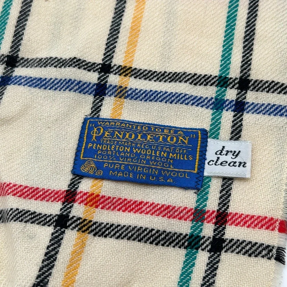 Vintage Pendleton Virgin Wool Scarf Men's Cream Plaid USA Made - One Size
